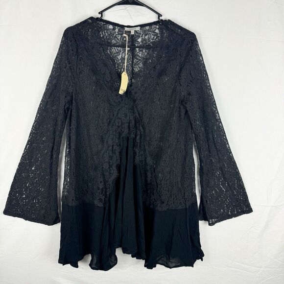 Jodifl Black Lace Tunic Blouse V-Neck Size S Bell Sleeve Witchy Goth Romantic - Picture 1 of 8